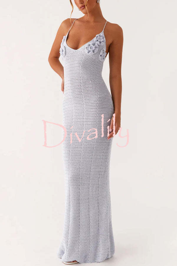 Olivia Crochet Knit Rose Texture Backless Stretch Maxi Dress