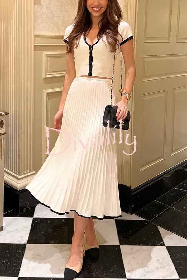 Stylish Stretch Fit Short-sleeve Top and Elastic Waist Midi Skirt Set