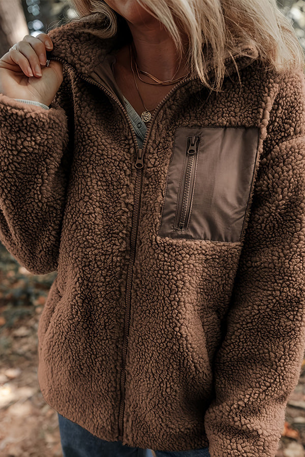 Solid Color Faux Cashmere Zip-up Pocket Casual Jacket