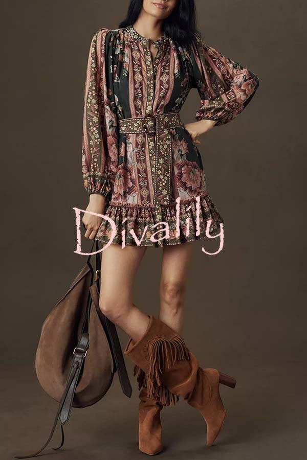 Brazilian Style Unique Floral Print Puff Sleeve Belted Pleated Hem Mini Dress