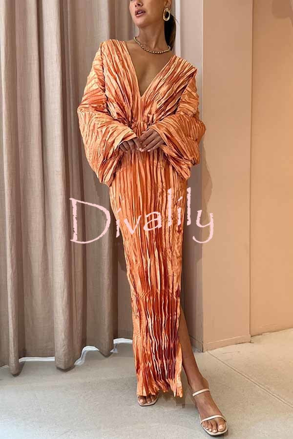 Sculpturally Luxurious Kimono Sleeve Pleated Cocoon Maxi Dress