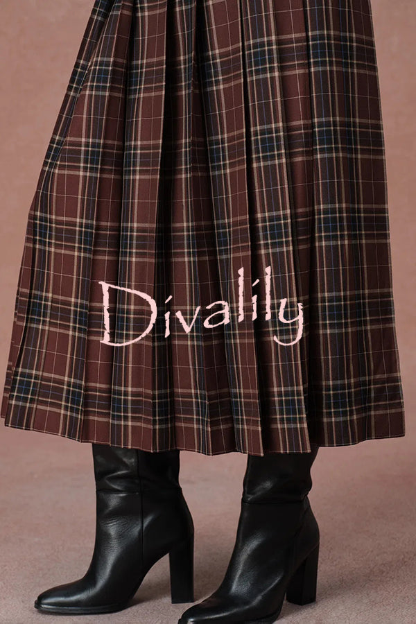 Yehudit Plaid Belt Buckle Design High Rise Pocket Midi Umbrella Skirt