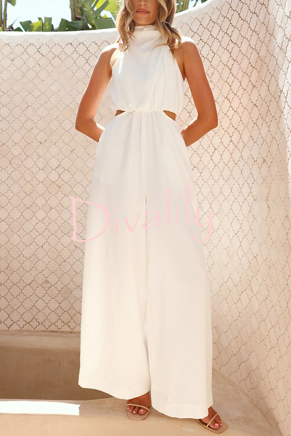 Solid Color Resort Style Halter Neck Waist Pocket Wide Leg Jumpsuit