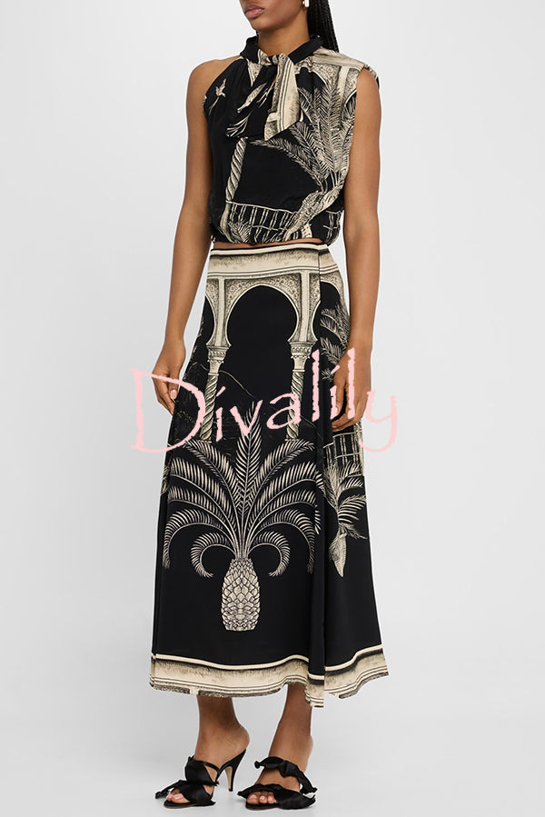 Satin Botanical Print Sleeveless Lounge Top and Midi Skirt Set