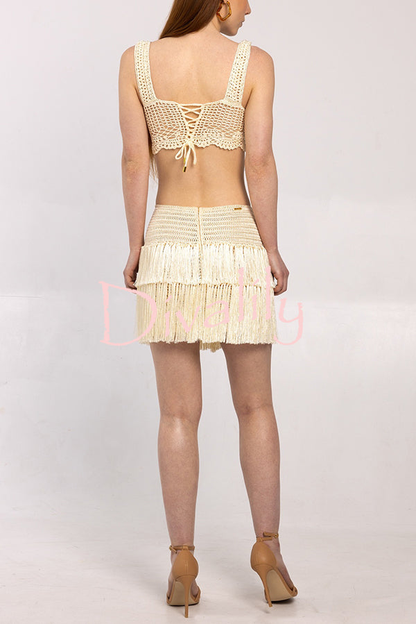 Resort Style Solid Knit Camisole Top and Fringed Cutout Mini Skirt Set