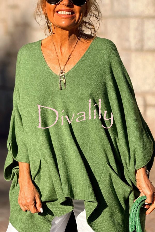 Fashion V-neck Loose Pocket Mid-length Knitted Sweater