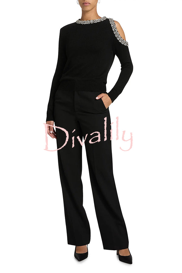 Holiday Party Knit Crystal-Embellished Cut-out Shoulder Long Sleeve Top