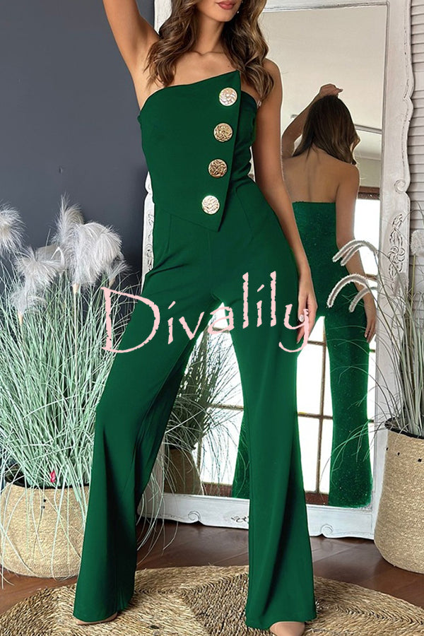 Solid Color Sexy Tube Top Gold Button Embellished Bootcut Jumpsuit