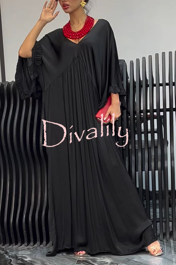 Satin Solid Color V-neck Lotus Leaf Sleeve Loose Pleated Maxi Dress
