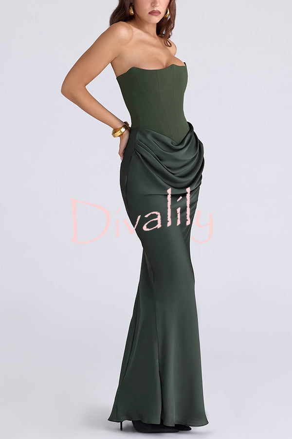 Attend The Gala Strapless Corset Satin Ruched Hip Drape Maxi Dress