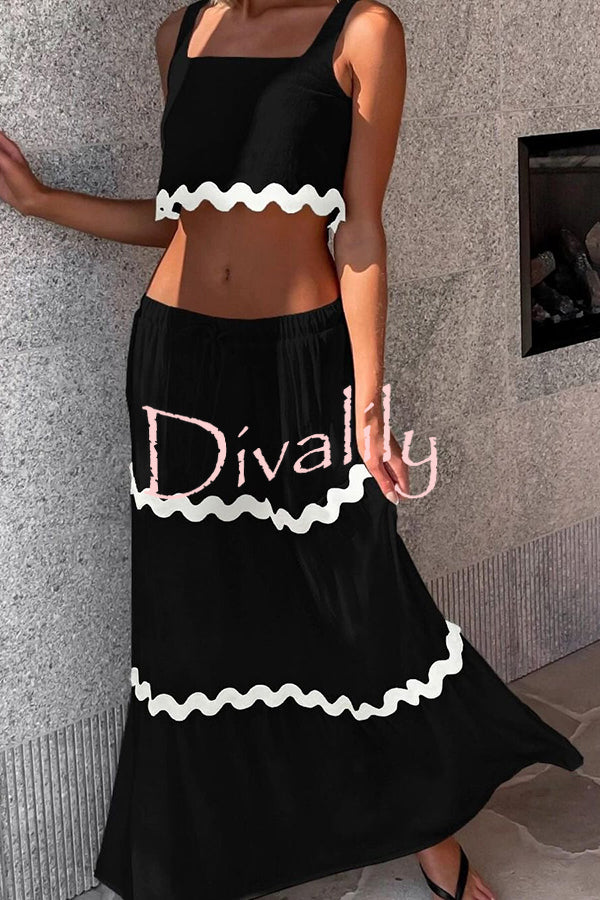 Napa Ric Rac Trims Sleeveless Crop Tank and Drawstring Elastic Waist Pocket Maxi Skirt