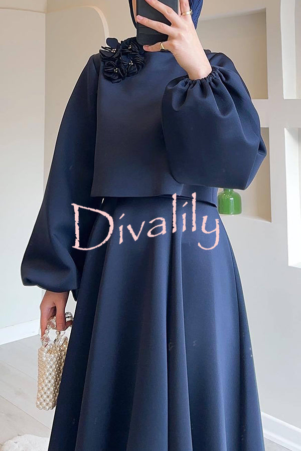 Solid Color Flower-embellished Lantern Sleeve Loose Top and Casual Maxi Skirt Set