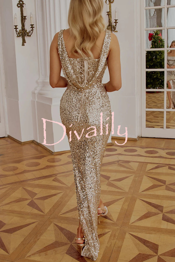 Glitzy Gala Sequin Draped Neckline Back Tie-up Ruched Slit Maxi Dress