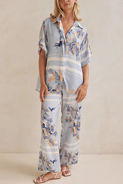 Fashionable Plant Print Loose Lapel Short Sleeve Shirt and Casual Elastic Waist Pocket Pants Set