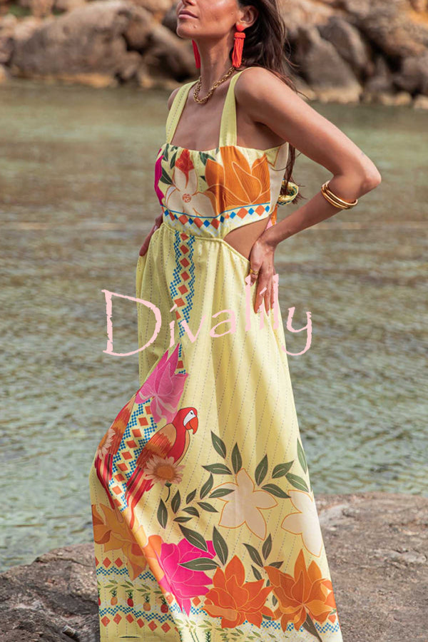 Resort Style Unique Print Sexy Square Neck Backless Waist Maxi Dress