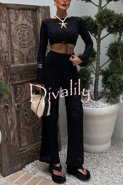 Solid Color Hollow Short Long-sleeved Top and Casual Stretch Wide-leg Pants Knitted Set