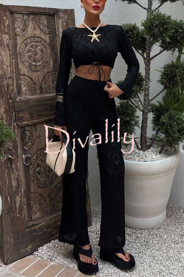 Solid Color Hollow Short Long-sleeved Top and Casual Stretch Wide-leg Pants Knitted Set