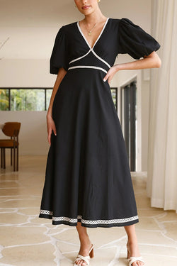 Fashionable Contrasting Color Edge V-neck Puff Sleeve Midi Dress