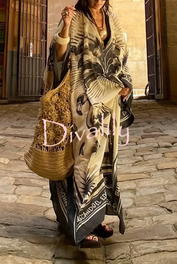 Flora Flamingo Print V-neck Loose Holiday Maxi Dress