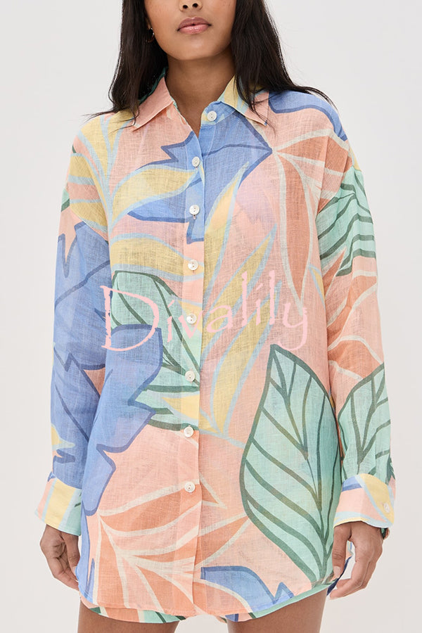 Bella Linen Blend Colorful Unique Print Long Sleeve Blouse and Elastic Waist Pocket Loose Shorts Set