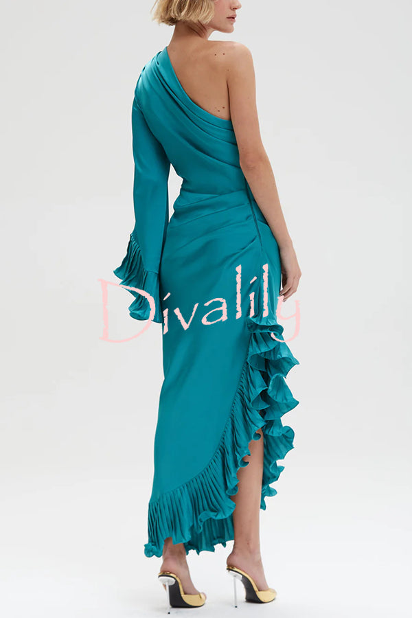 Elegant Satin One Shoulder Sleeve Pleated Ruffles Trim Ruched Asymmetrical Maxi Dress