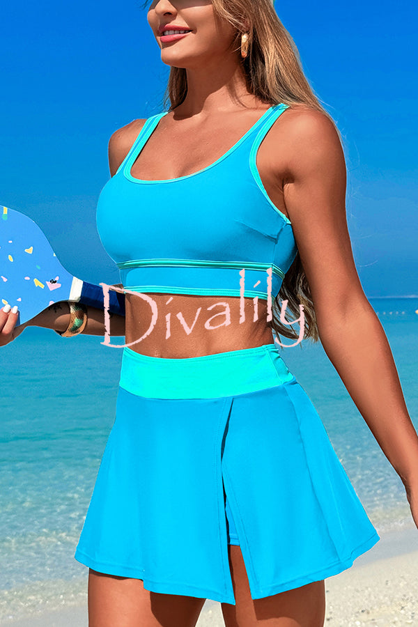 Fashion Contrast Color Stretch Sports Two-piece Bikini Swimsuit