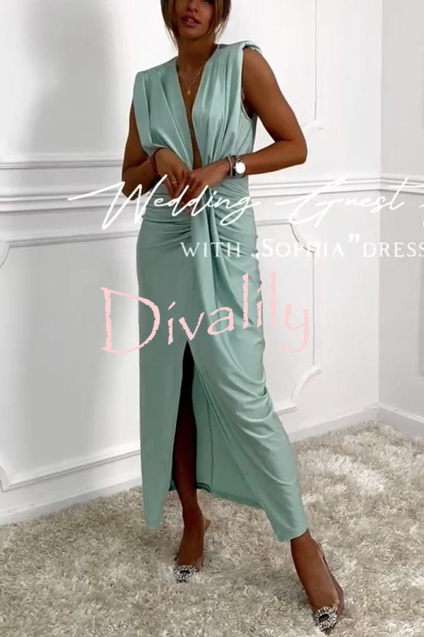 Classic and Sexy Dates V-neck Ruched Drape Slit Midi Dress