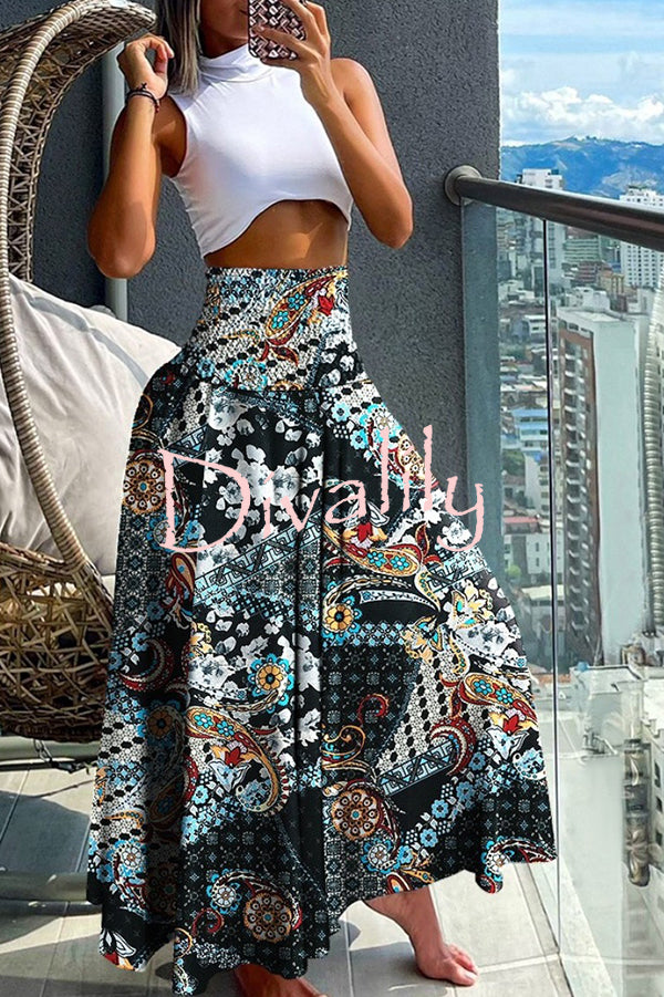 Unique Printed Pleated Elastic Waist Holiday Casual Maxi Skirt