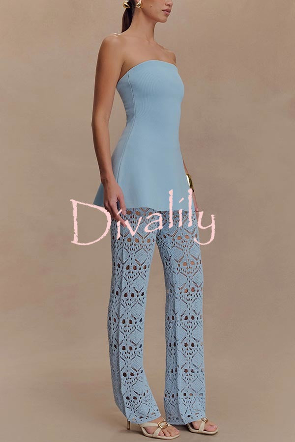 Trena Crochet Knit Hollow Mid Rise Stretch Wide Leg Pants