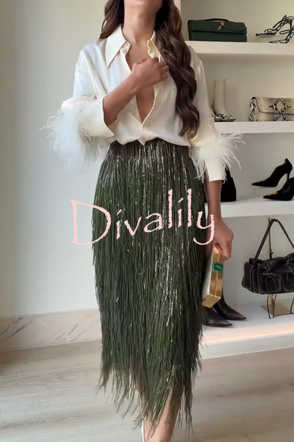 Party Crasher Layered Sequined Tassels High Rise Back Zipper Midi Skirt