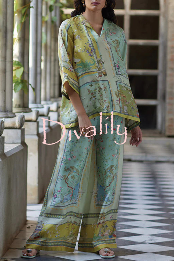 Elonie Satin Floral Print V-neck Half Sleeve Top and Elastic Waist Wide Leg Pants Set