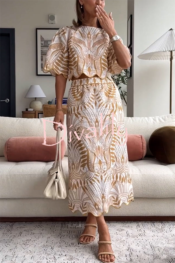 Korra Linen Blend Unique Print Wave Trim Bell Sleeve Top and Elastic Waist Pocket Midi Skirt Set