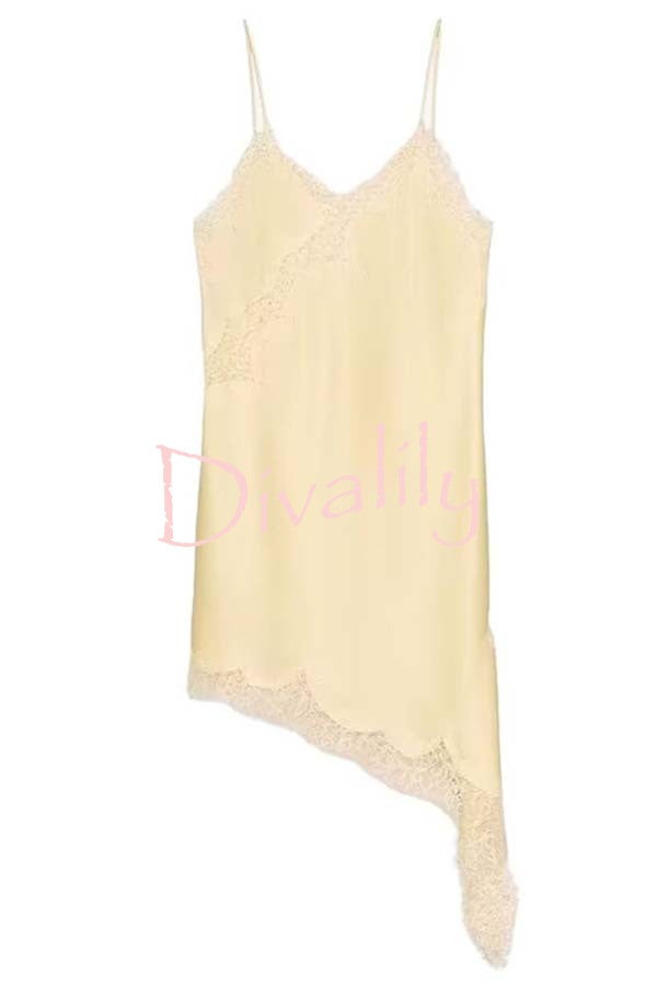 Elouise Satin Lace Trim V-neck Asymmetrical Hem Slip Mini Dress