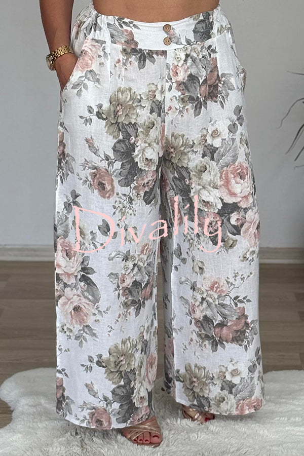 Linen Blend Crew Neck Long Sleeve Irregular Loose Top and Elastic Waist Floral Print Casual Pocket Set
