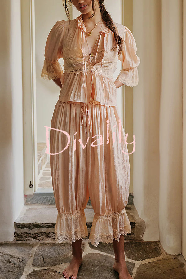 Pastoral Style Elastic Waist Lace Hem Bloomer Pants