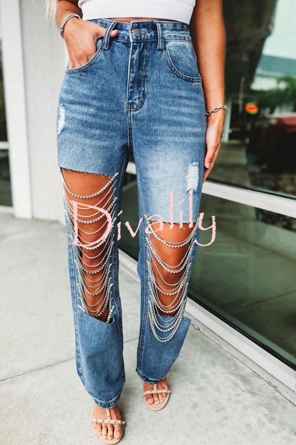 Casual Pocket Ripped Chain Embellished Straight Jeans