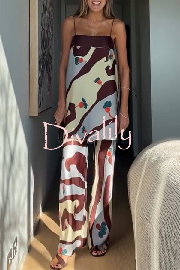 Loving Views Satin Unique Print a-line Tank and Elastic Waist Loose Pants Set