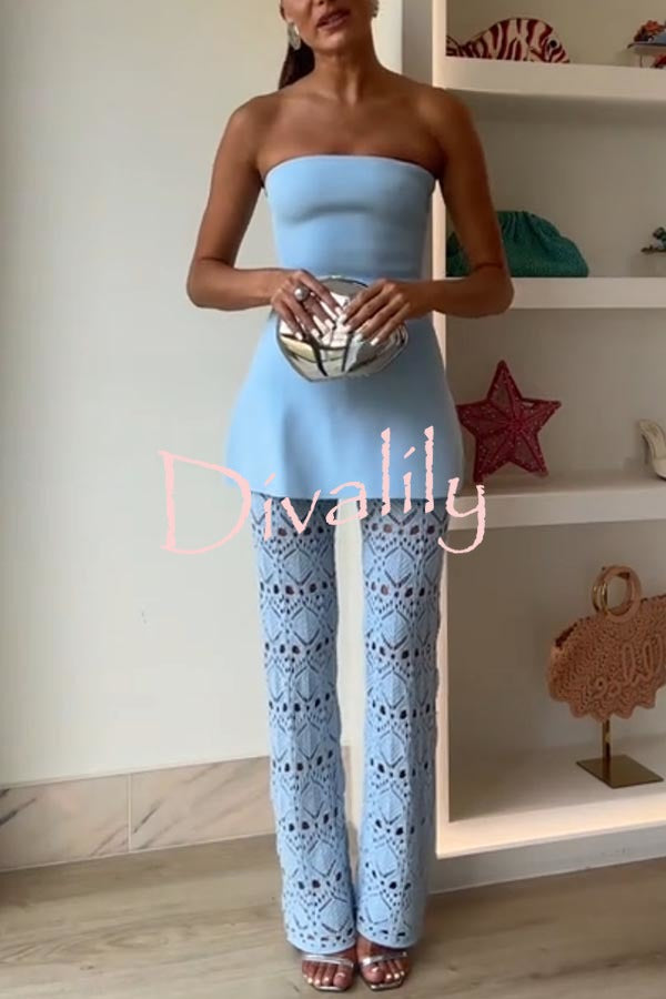 Trena Crochet Knit Hollow Mid Rise Stretch Wide Leg Pants