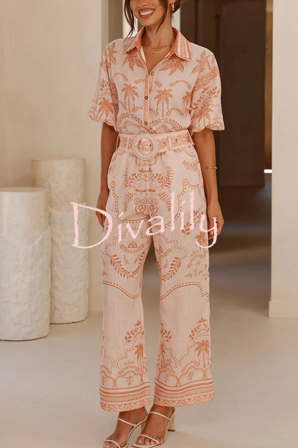 Linen Blend Lapel Puff Sleeve Loose Shirt and Casual Pocket Straight Pants Set