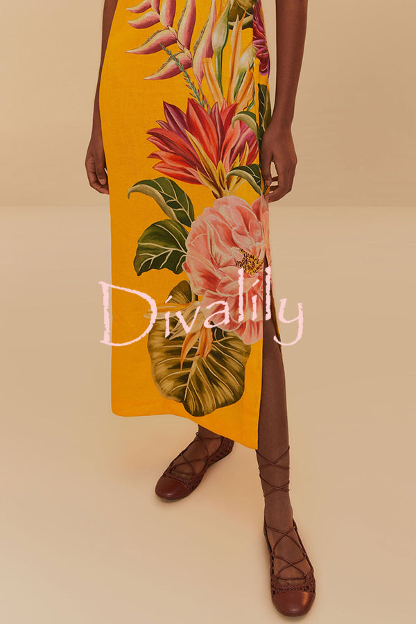 Plant Print V-neck Open Back Holiday Style Slit Midi Dress