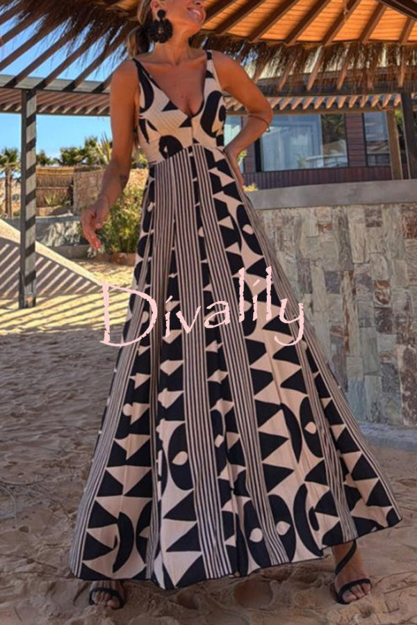 Sabine Geometric Print V-Neck Back Smocked A-line Maxi Dress