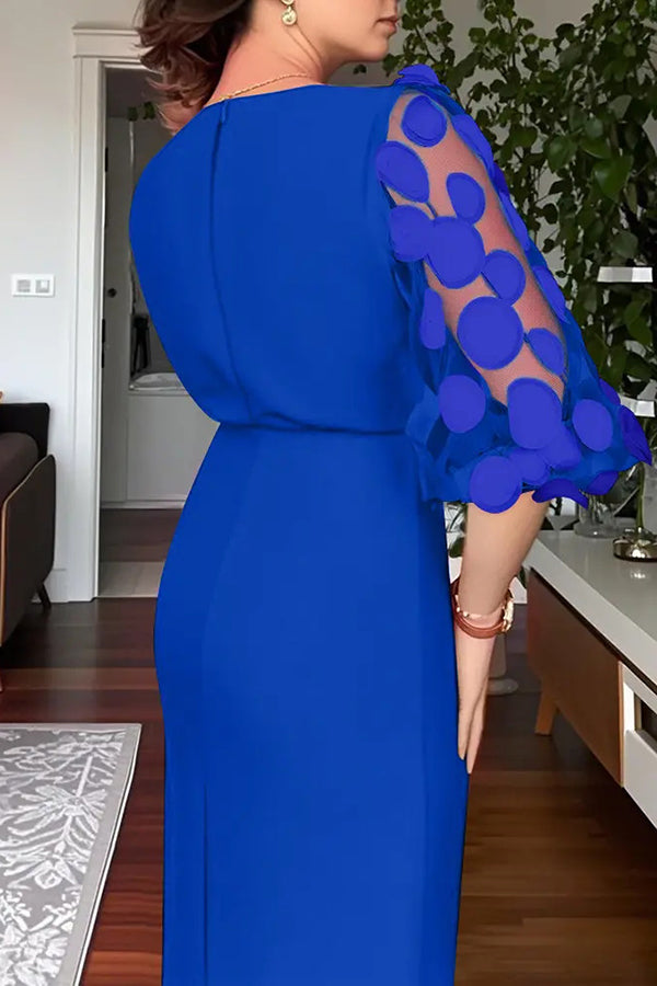 Solid Color Polka Dot Lantern Sleeve Slim High Waist Midi Dress