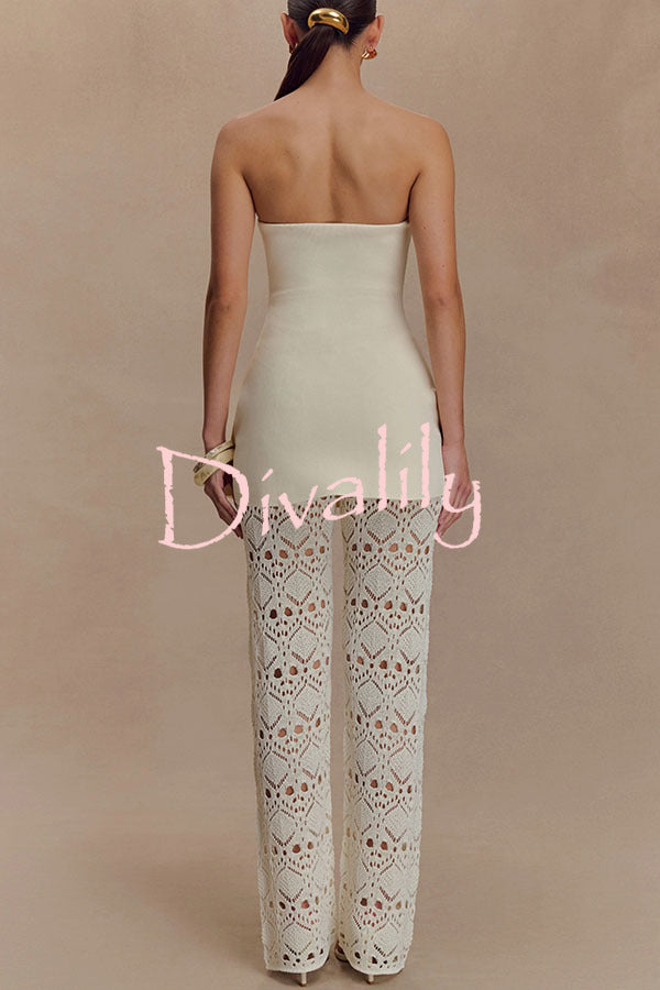 Trena Crochet Knit Hollow Mid Rise Stretch Wide Leg Pants