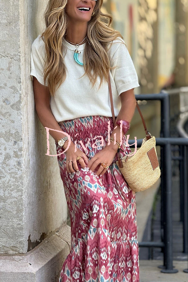 Resort Style Unique Print Pleated Elastic Waist Maxi Skirt