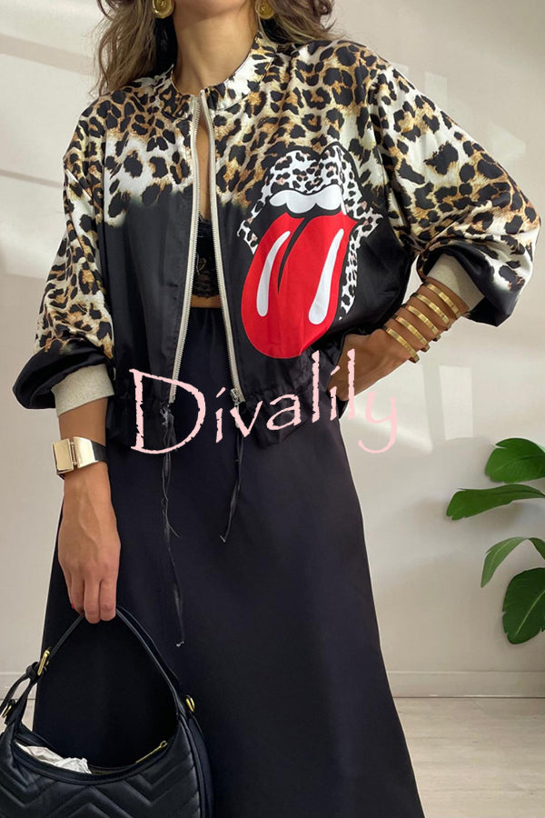 Shiloh Leopard Unique Print Zipper Drawstring Hem Bomber Jacket