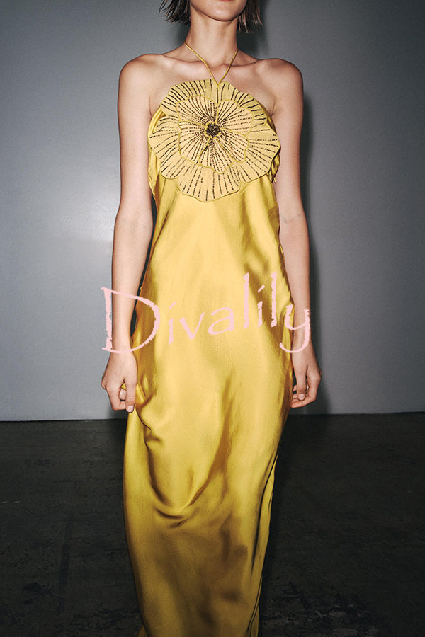 Fashionable Beaded Large Flower Decoration Halter Neck Backless Maxi Dress