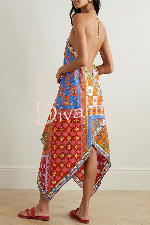 Artistic Girl Asymmetric Unique Print Chain Halter Draped Scarf Midi Dress