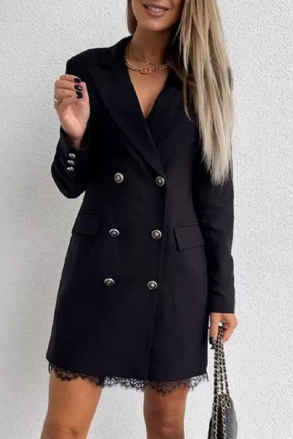 ‌Elegant Lace Panel Long-sleeved Button-down Suit Mini Dress