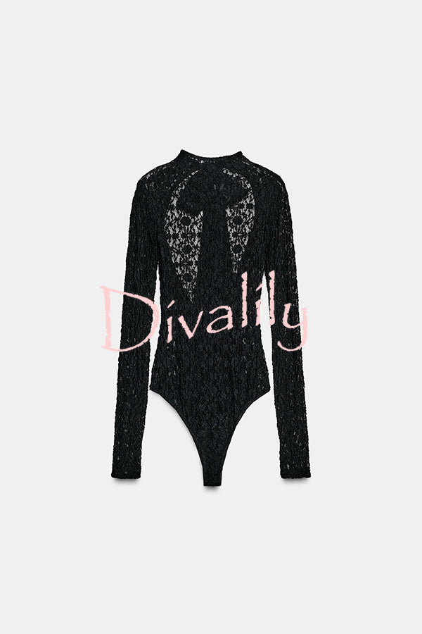 Anna Semi-sheer Lace Long Sleeve Back Bow Tie-up Cutout Stretch Bodysuit