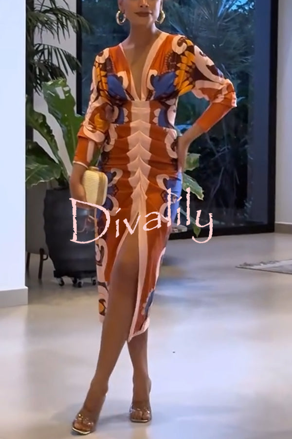 Bahamas Unique Print Dolman Long Sleeve Ruched Slit Midi Dress